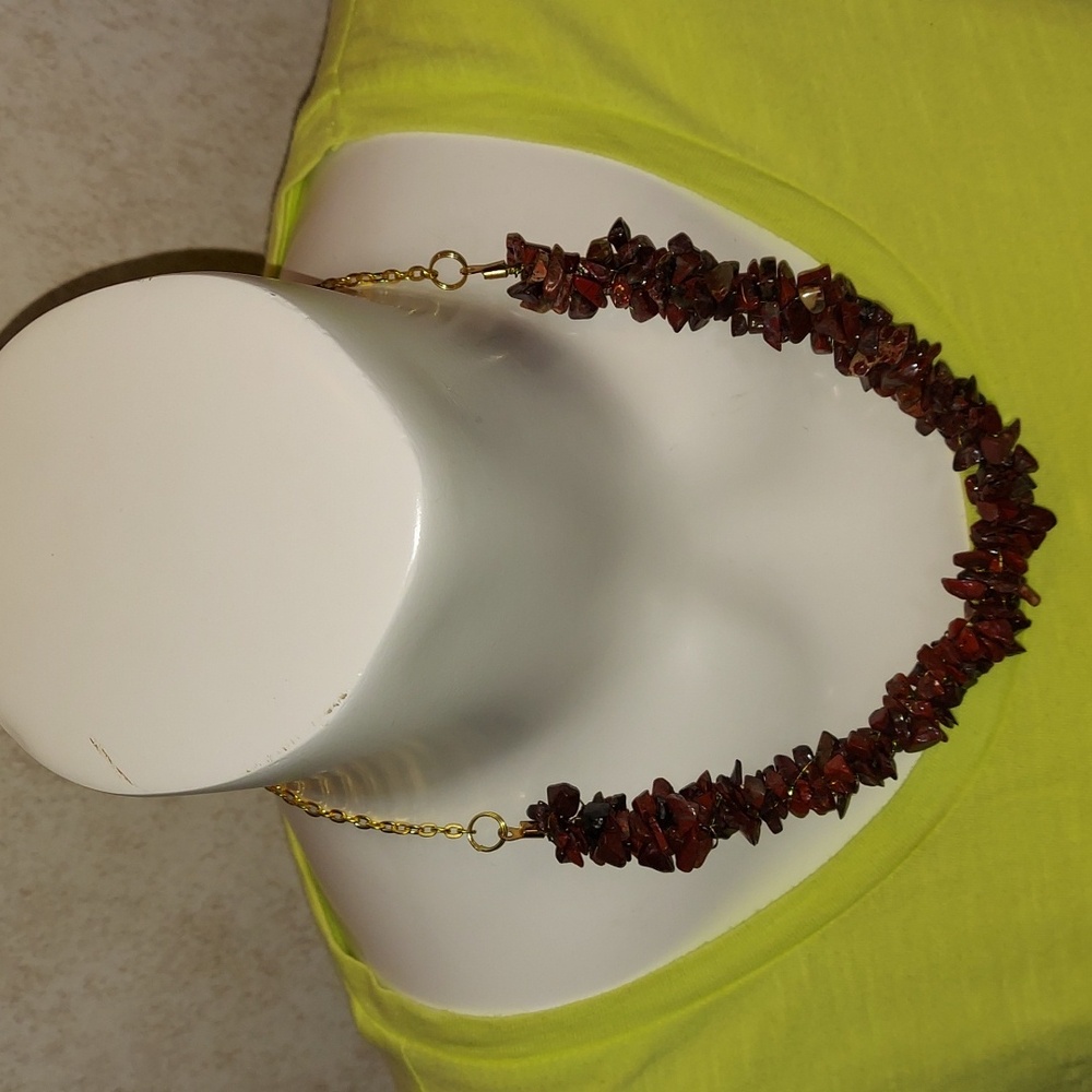 Red Chip Gemstone Kumihimo Necklace  With Gold tone Chain.